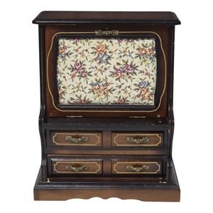 Vtg Toyo Japan 2 Drawer Mirrored Tapestry Jewelry Music Box Que Sera Sera